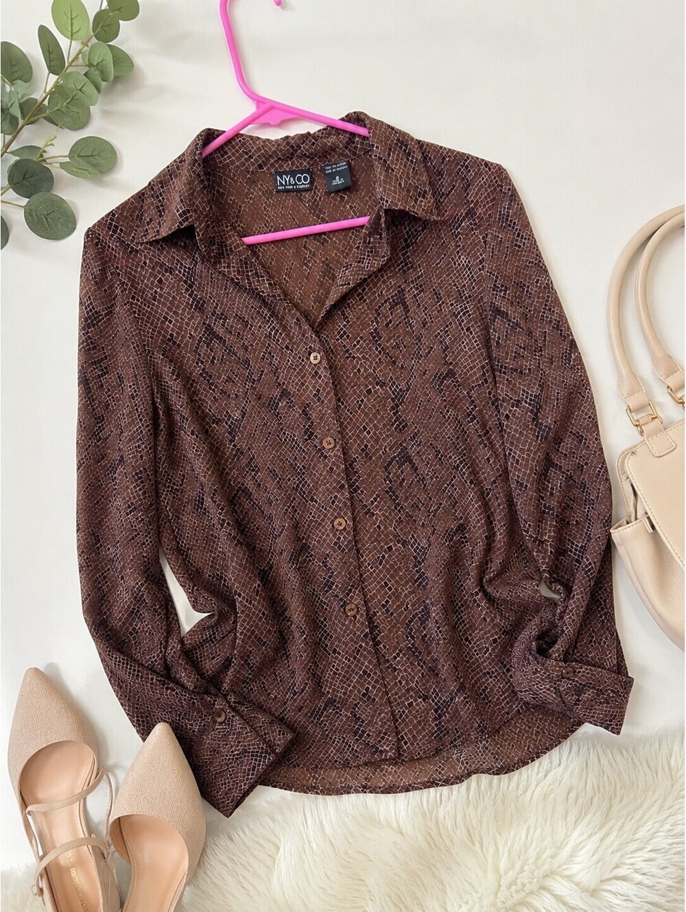 NY & Co Brown Snakeskin Print Button Front Blouse Women Size S Career Top